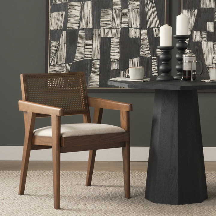 Reid Framed Brown Cane Cream Fabric Dining Armchair