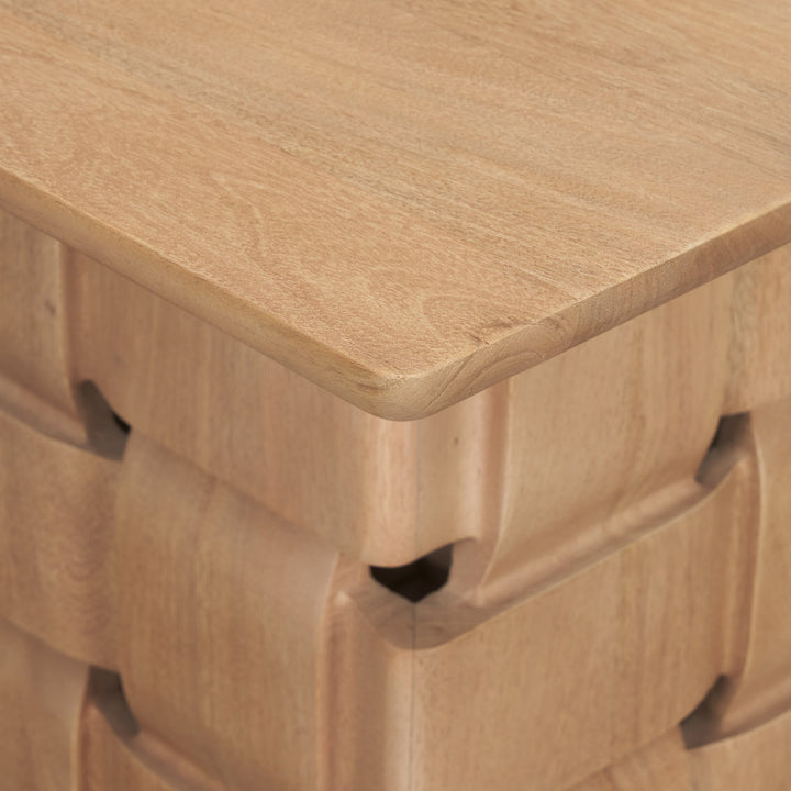 Trellyn Light Brown Wood w/ Carved Woven Base Square Accent Table