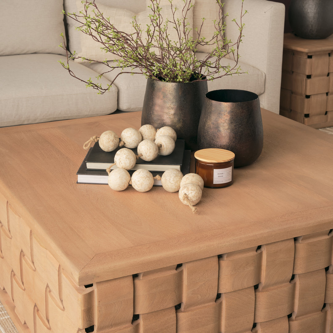 Trellyn 48" Light Brown Wood w/ Carved Woven Base Square Coffee Table