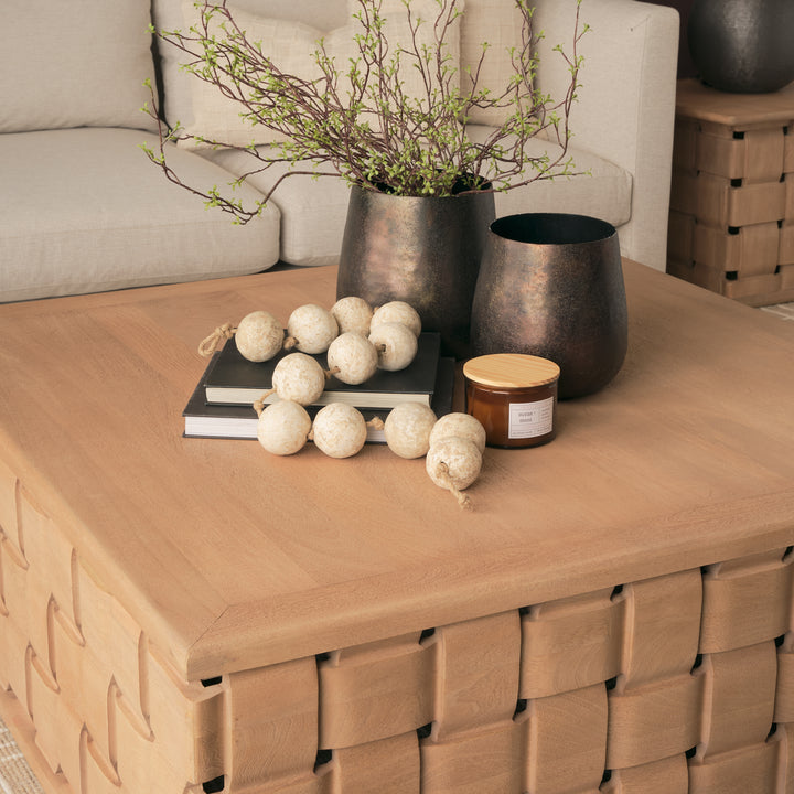 Trellyn 48" Light Brown Wood w/ Carved Woven Base Square Coffee Table