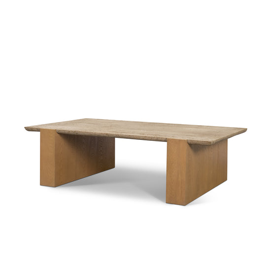 Milos Travertine Top w/ Light Brown Oak Wood Coffee Table