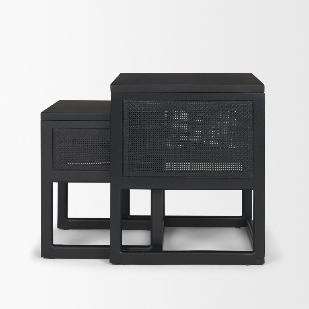 Grier Set of 2 Black Wood w/ Black Cane Nesting Accent Tables