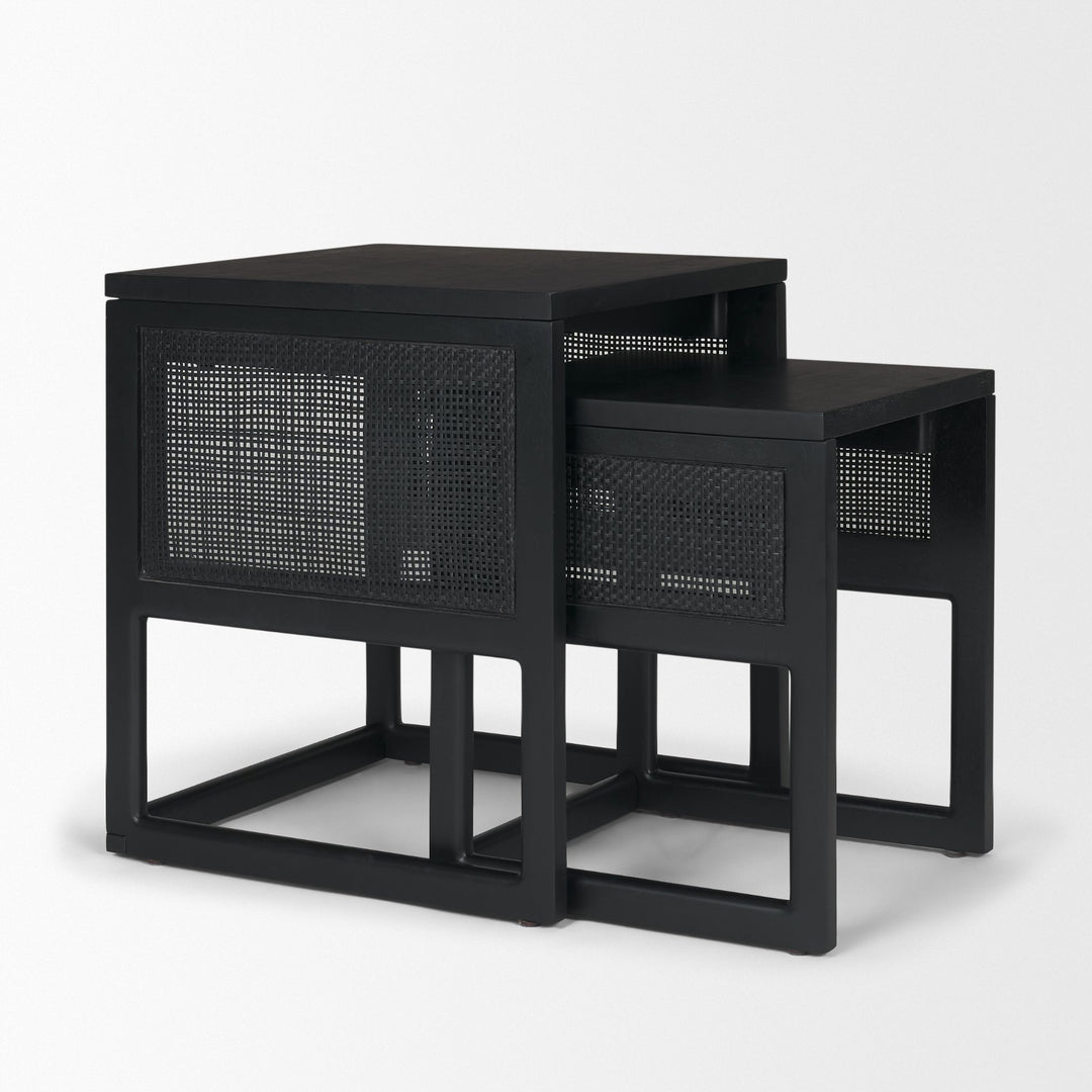 Grier Set of 2 Black Wood w/ Black Cane Nesting Accent Tables