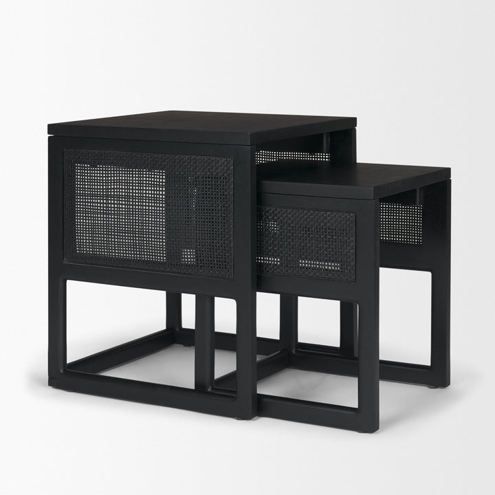 Grier Set of 2 Black Wood w/ Black Cane Nesting Accent Tables