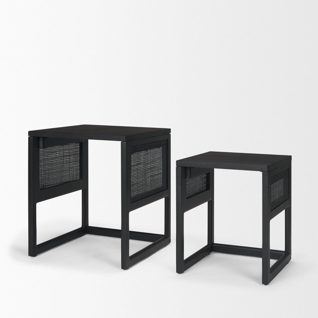 Grier Set of 2 Black Wood w/ Black Cane Nesting Accent Tables