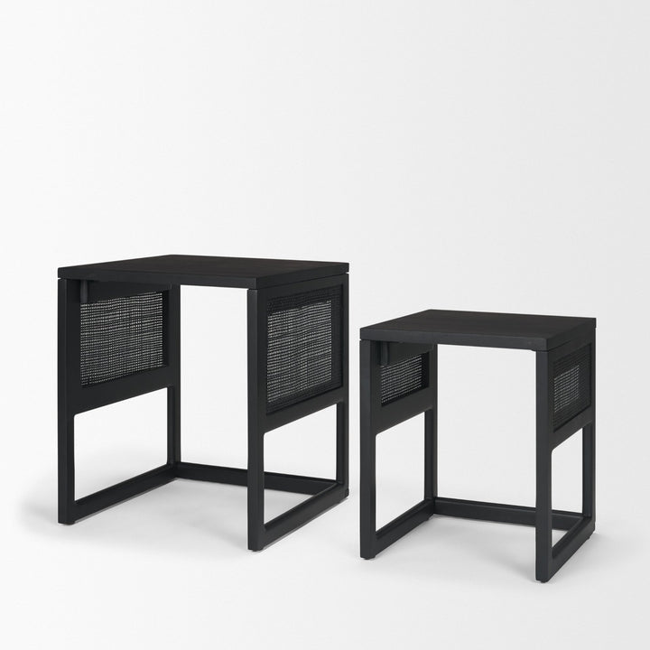 Grier Set of 2 Black Wood w/ Black Cane Nesting Accent Tables