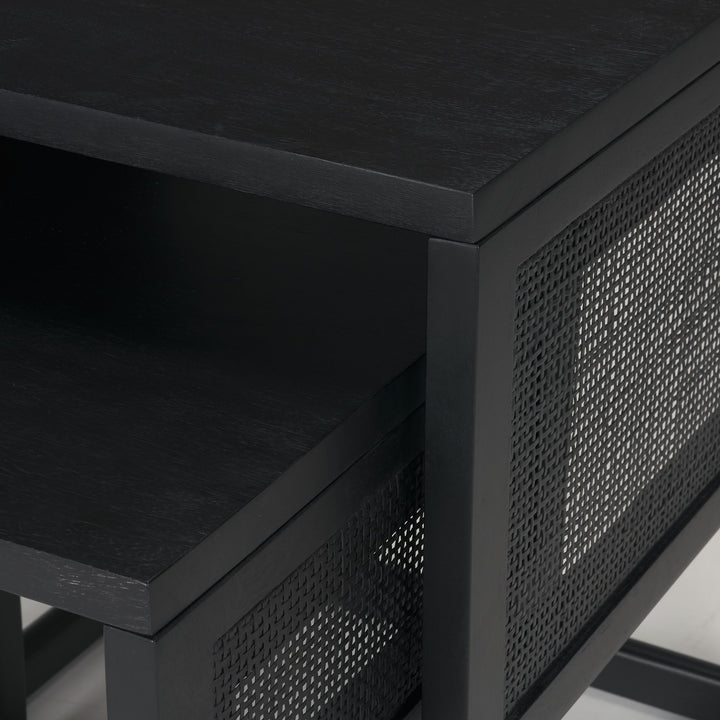 Grier Set of 2 Black Wood w/ Black Cane Nesting Accent Tables