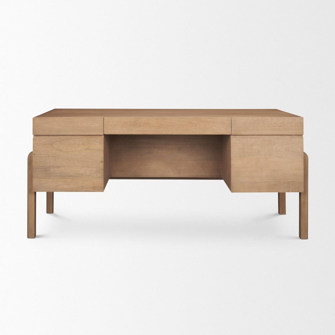Trellyn Light Brown Solid Wood Carved Woven Desk