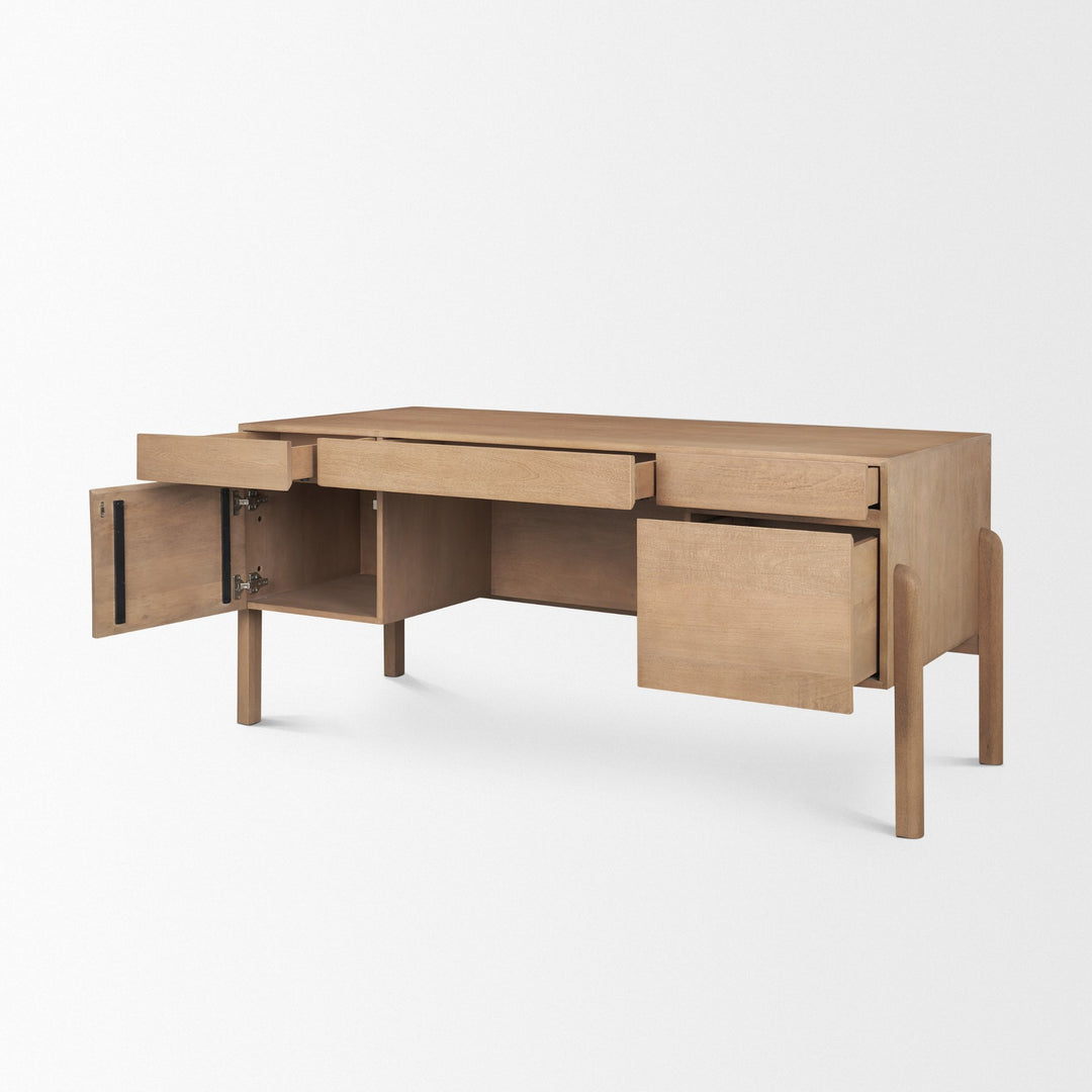 Trellyn Light Brown Solid Wood Carved Woven Desk