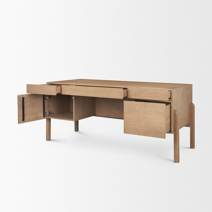 Trellyn Light Brown Solid Wood Carved Woven Desk