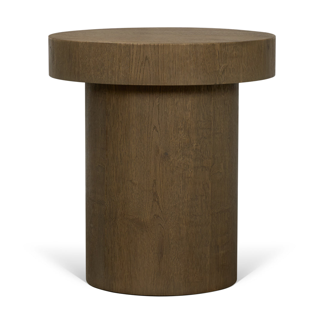 Lyonne Round Medium Brown Oak Wood Pedestal Side Tables