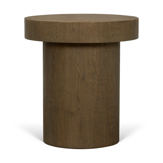 Lyonne Round Medium Brown Oak Wood Pedestal Side Tables