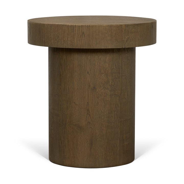 Lyonne Round Medium Brown Oak Wood Pedestal Side Tables