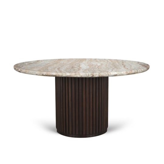 Marbrello 60" Pink Marble Top Espresso Brown Fluted Wood Round Dining Table