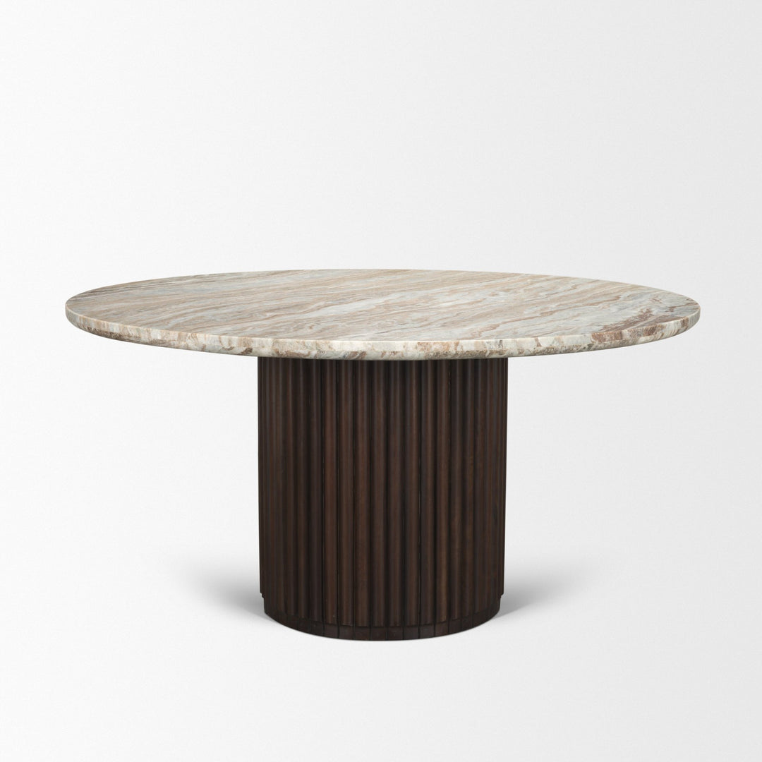 Marbrello 60" Pink Marble Top Espresso Brown Fluted Wood Round Dining Table