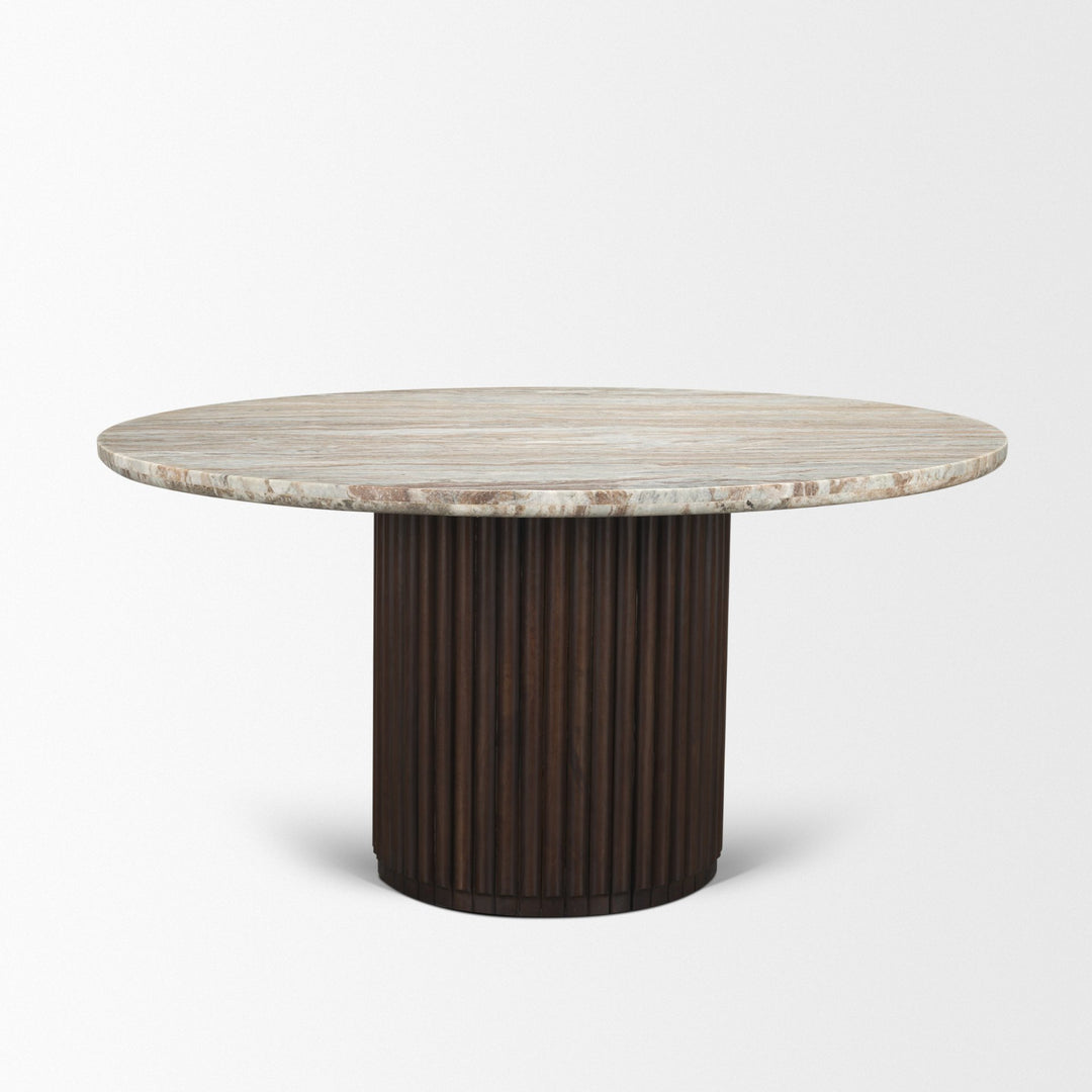 Marbrello 60" Pink Marble Top Espresso Brown Fluted Wood Round Dining Table