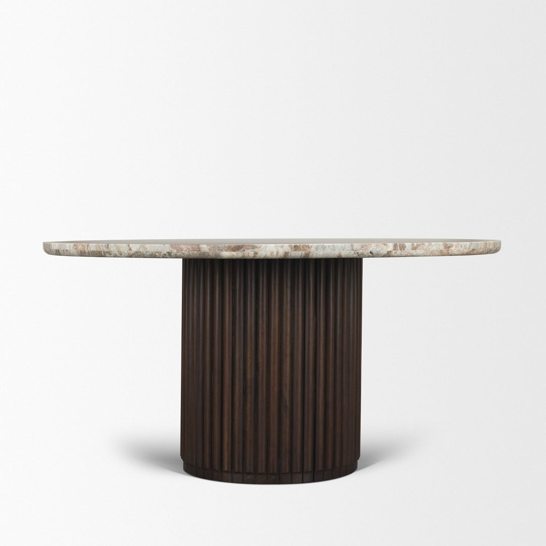 Marbrello 60" Pink Marble Top Espresso Brown Fluted Wood Round Dining Table