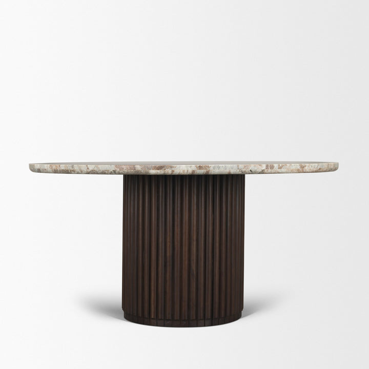 Marbrello 60" Pink Marble Top Espresso Brown Fluted Wood Round Dining Table