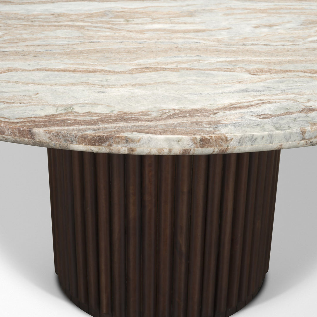 Marbrello 60" Pink Marble Top Espresso Brown Fluted Wood Round Dining Table