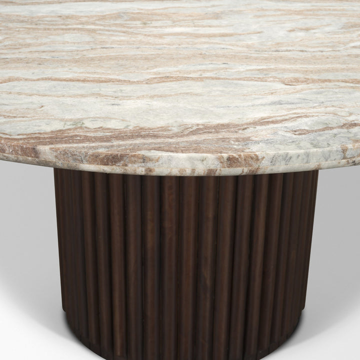 Marbrello 60" Pink Marble Top Espresso Brown Fluted Wood Round Dining Table