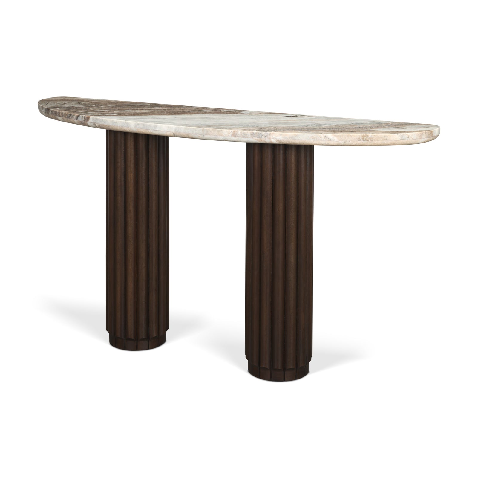Marbrello Pink Marble Top Dark Brown Fluted Wood Half Moon Console Table Top