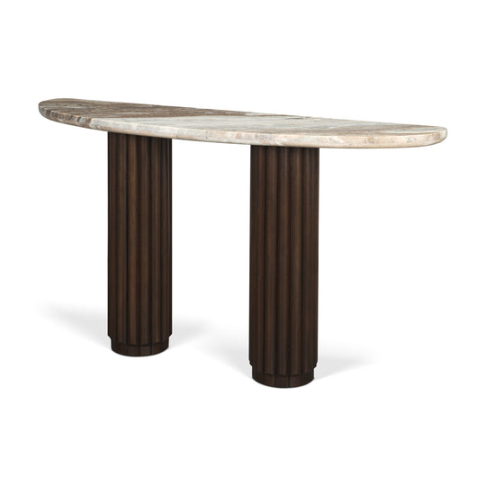 Marbrello Pink Marble Top Dark Brown Fluted Wood Half Moon Console Table Top