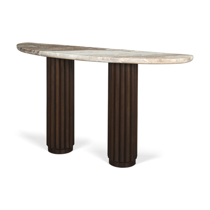 Marbrello Pink Marble Top Dark Brown Fluted Wood Half Moon Console Table Top