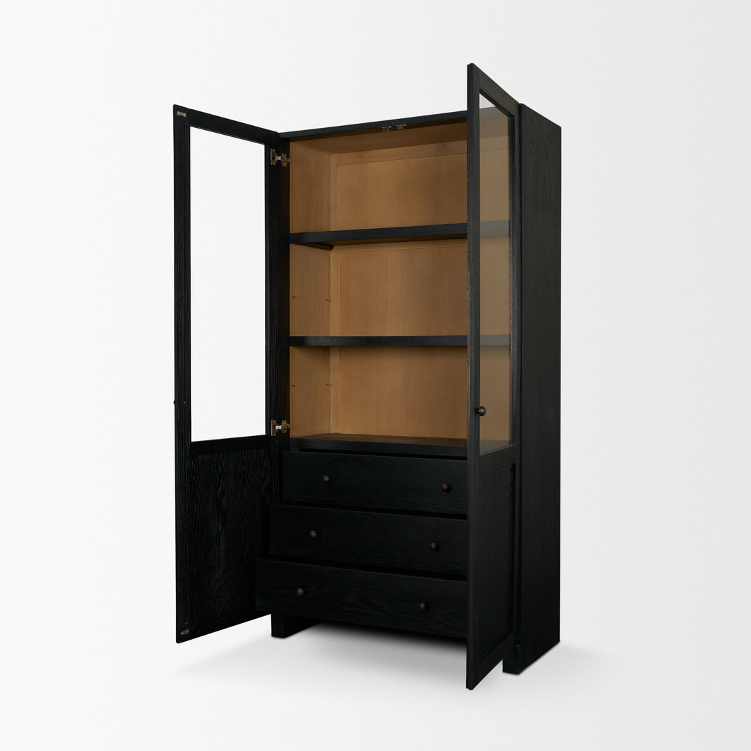 Henry Black & Light Brown Oak Wood w/ Glass Doors Curio Cabinet