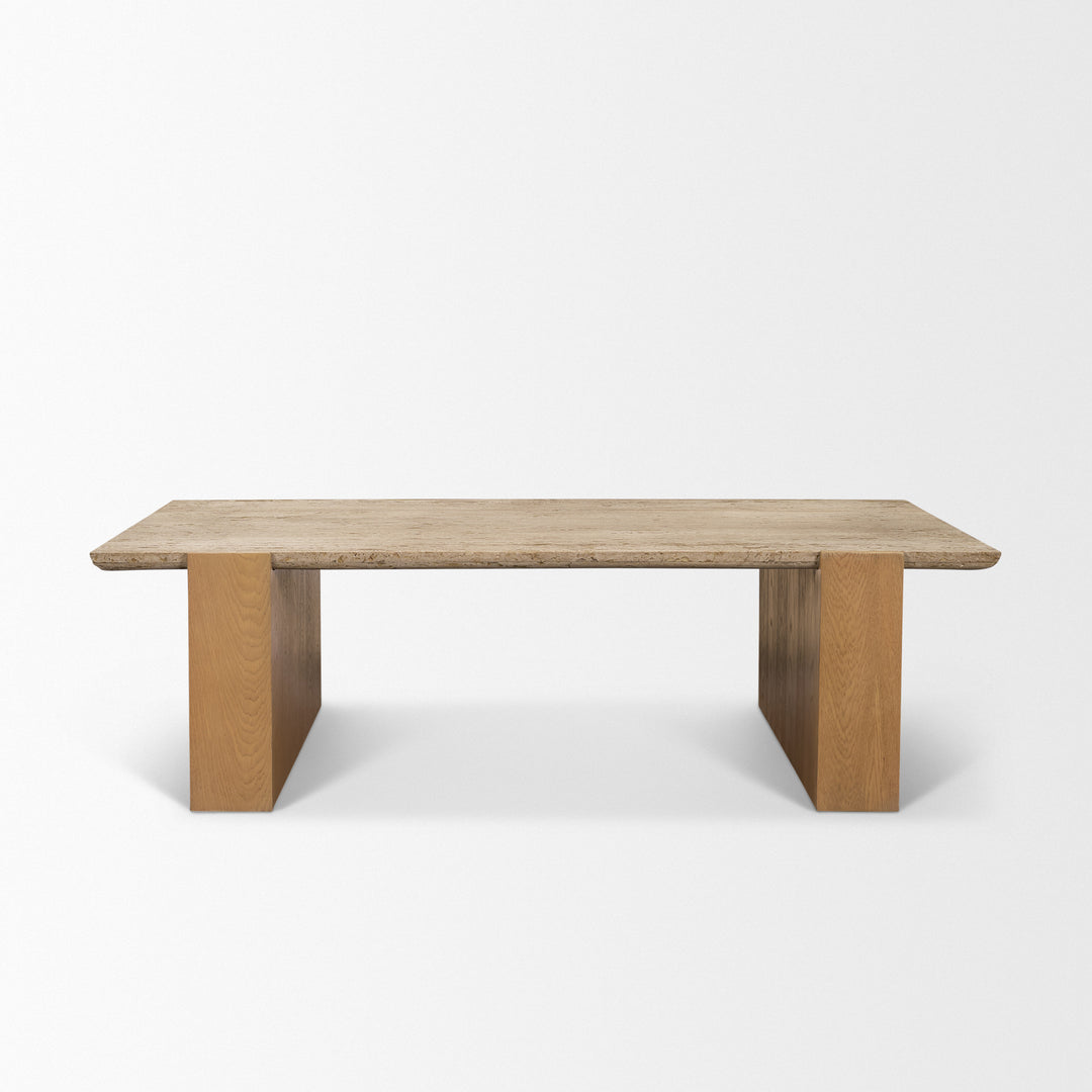 Milos Travertine Top w/ Light Brown Oak Wood Coffee Table