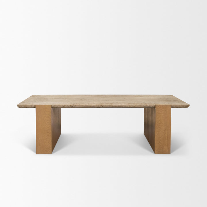 Milos Travertine Top w/ Light Brown Oak Wood Coffee Table