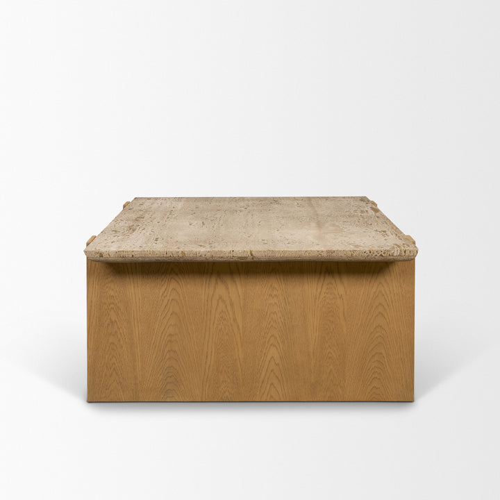 Milos Travertine Top w/ Light Brown Oak Wood Coffee Table