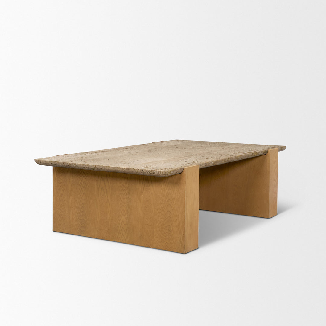 Milos Travertine Top w/ Light Brown Oak Wood Coffee Table