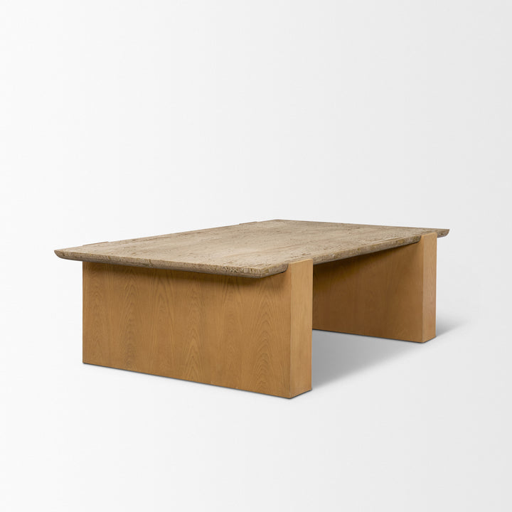 Milos Travertine Top w/ Light Brown Oak Wood Coffee Table