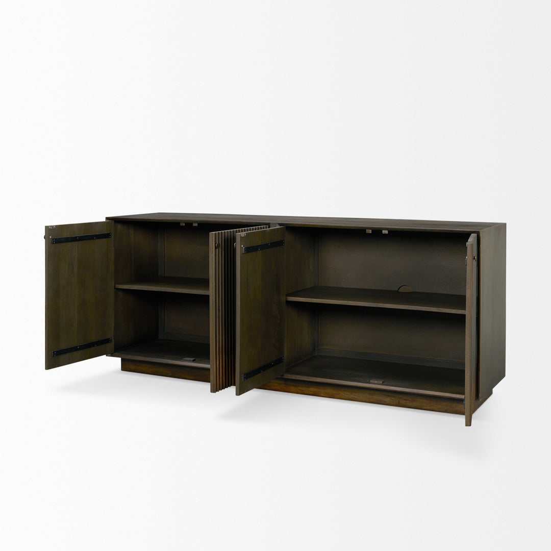 Cinder Distressed Dark Brown Wood Reeded 4-Door Closed Sideboard