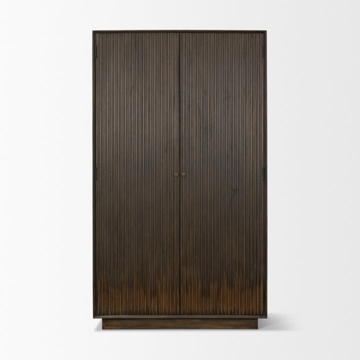 Cinder Distressed Dark Brown Wood Reeded 2-Door Closed Tall Cabinet