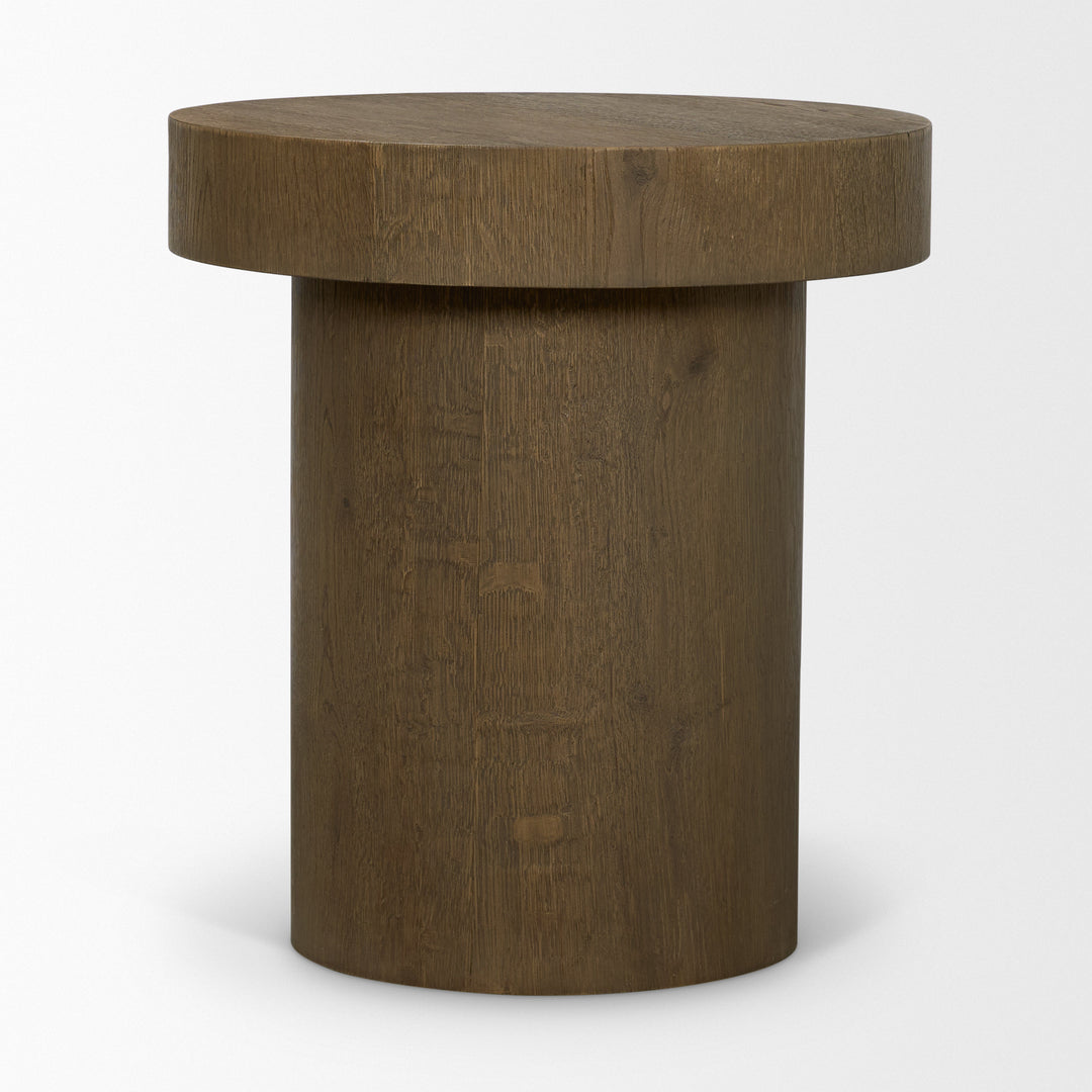 Lyonne Round Medium Brown Oak Wood Pedestal Side Tables