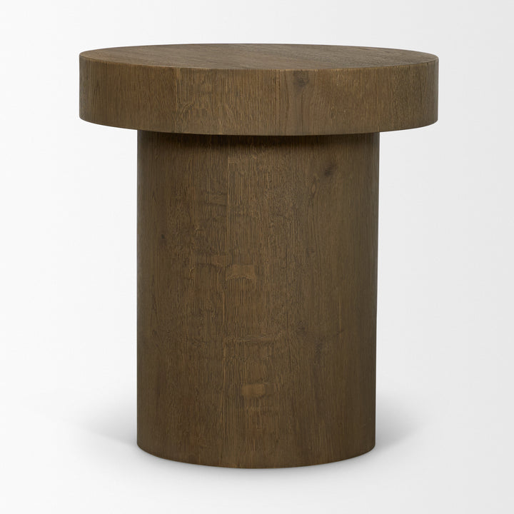 Lyonne Round Medium Brown Oak Wood Pedestal Side Tables