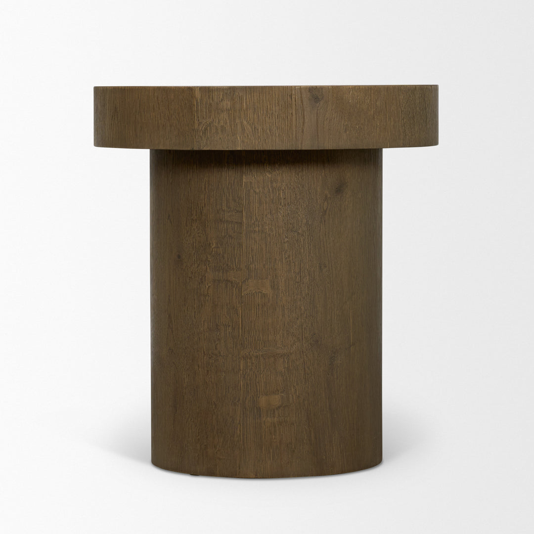 Lyonne Round Medium Brown Oak Wood Pedestal Side Tables
