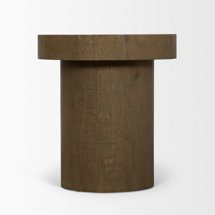 Lyonne Round Medium Brown Oak Wood Pedestal Side Tables