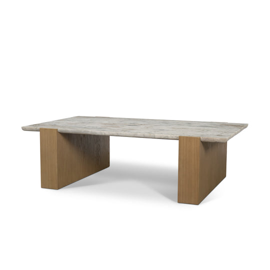Milos Pink Marble Top w/ Light Brown Oak Wood Coffee Table