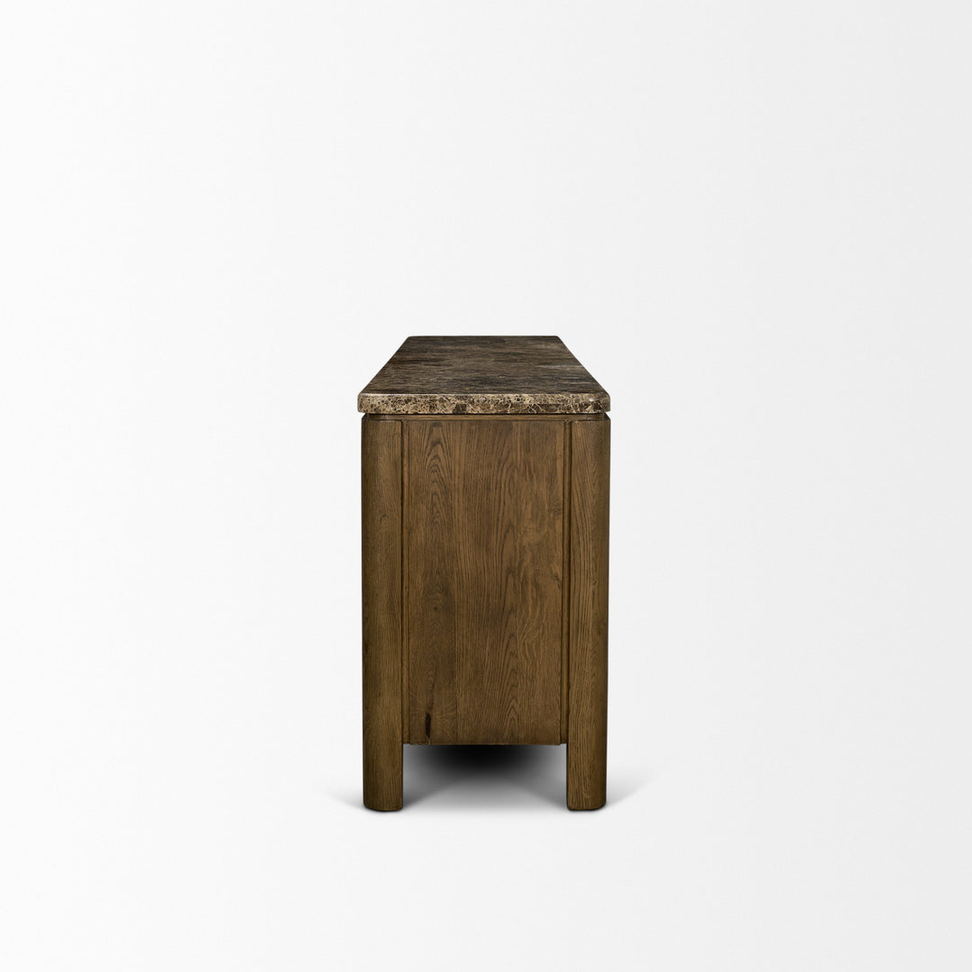 Kendrix Dark Brown Oak Wood Cappuccino Marble 4 Door Closed Sideboard
