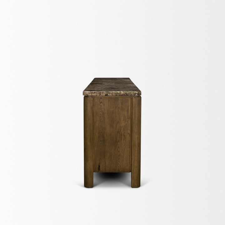 Kendrix Dark Brown Oak Wood Cappuccino Marble 4 Door Closed Sideboard