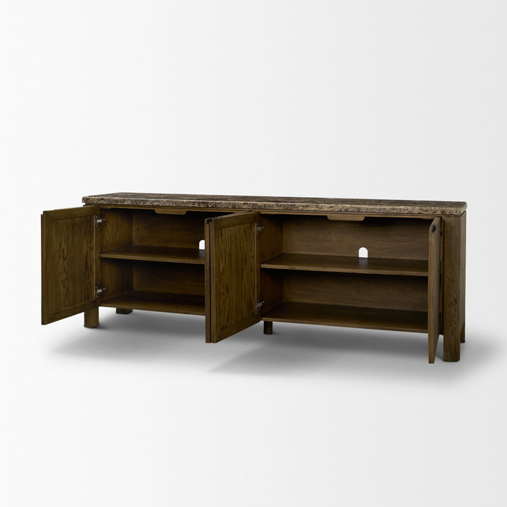 Kendrix Dark Brown Oak Wood Cappuccino Marble 4 Door Closed Sideboard