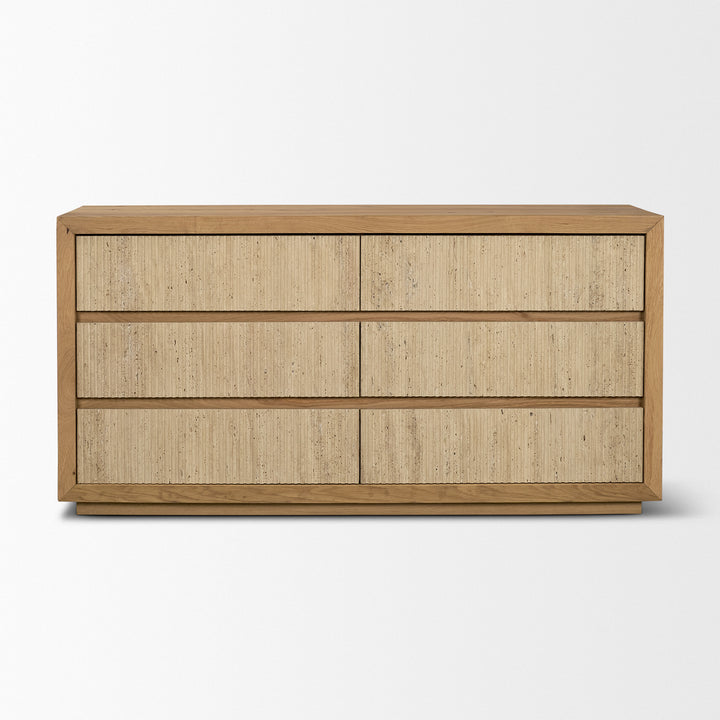 Travona Oak Wood w/ Travertine 6 Drawer Dresser