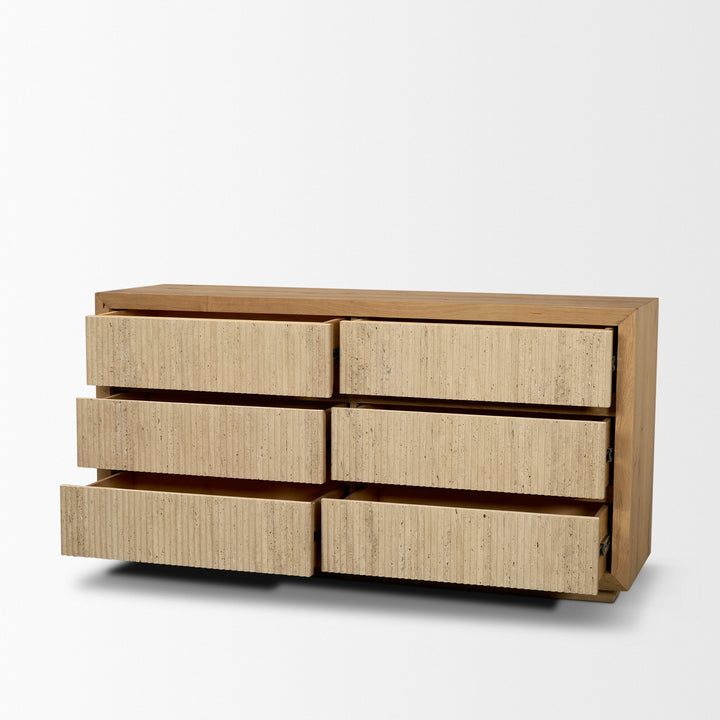 Travona Oak Wood w/ Travertine 6 Drawer Dresser