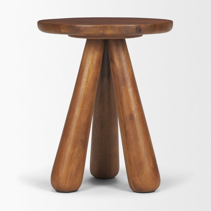 Mora Medium Brown Wood 3-Legged Accent Table