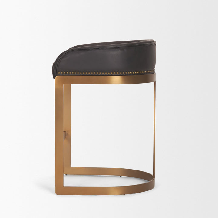 Hollyfield II Charcoal-Brown Leather Seat Gold Metal Base Counter Stool