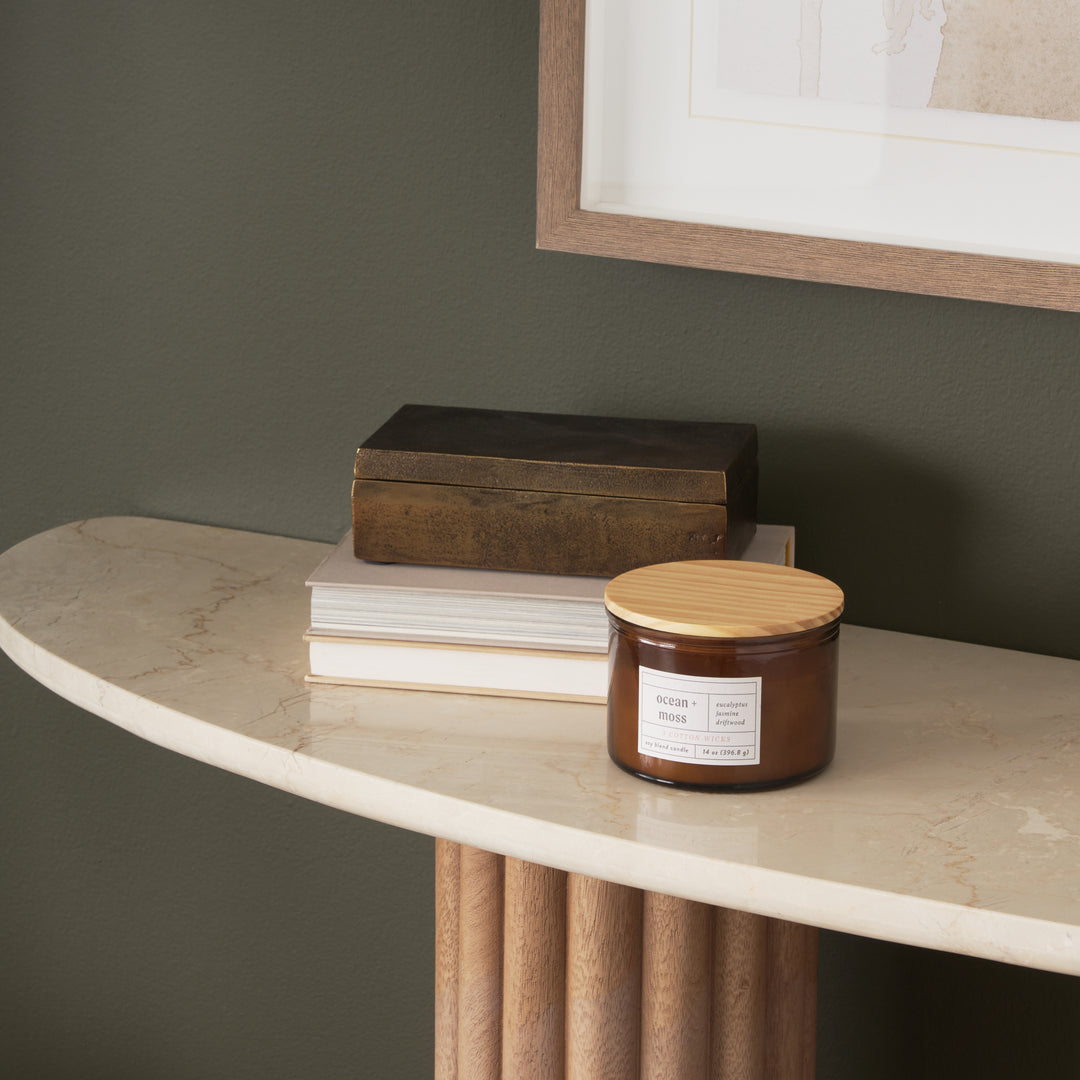 Marbrello Botticino Marble Top Light Brown Fluted Wood Half Moon Console Table