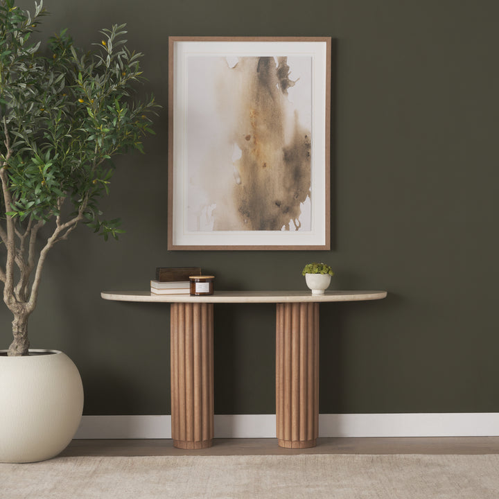 Marbrello Botticino Marble Top Light Brown Fluted Wood Half Moon Console Table