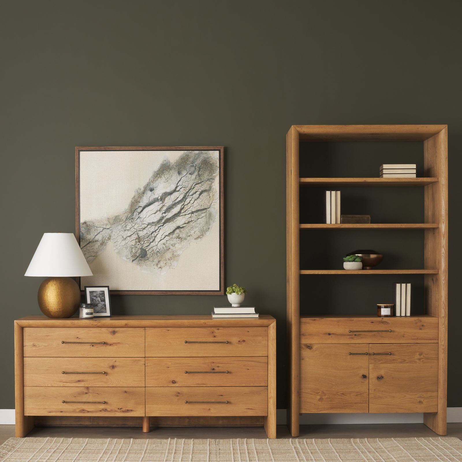 Belford 2-Door Open Light Brown Oak Wood Shelving Unit